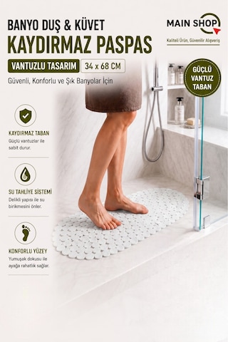 Mainshop Vantuzlu Banyo Duş Ve Küvet Kaydırmaz Paspas - 34 X 68 Cm - Beyaz M-130