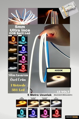 Ultra Ince 5mm. Kalınlık Cob Şerit Led 4000k Neon Gibi Yanar.