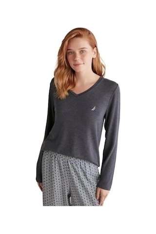 Nautıca W618 Kadın Patlı V Yaka Uzun Kollu Pijama Takımı İndigo
