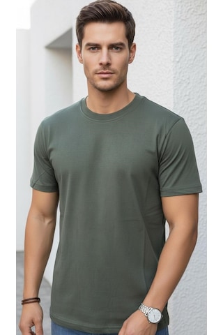 Plus Scorpion Erkek Basic Tişört Likrasız Pamuklu Regular Fit Bisiklet Yaka Haki