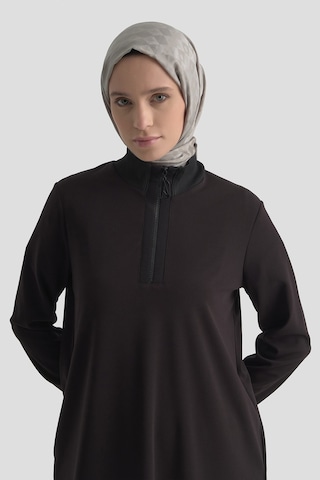 Armine Trend Yarım Fermuarlı Dik Yaka Uzun Kollu Rahat Kesim Basic Uzun Tunik 107 Cm Boy Siyah 26kt456