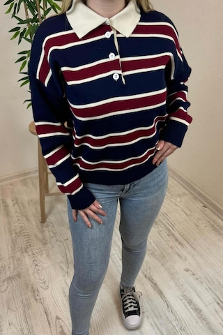 Kadın Lacivert - Bordo Polo Yaka Çizgili Oversize Triko Kazak Lacivert