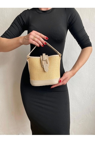 Glemix Alin Hasır Vizon Kontrast Kova Model Kadın Omuz Çantası Vizon