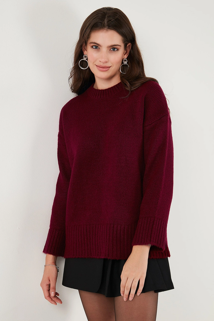 Lela Regular Fit Bisiklet Yaka Basic 2'Li Paket Triko Bayan Kazak 4616213S2 Antrasit-Bordo