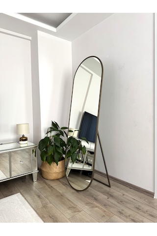Effe Pirinç Eskitme Metal Çerçeveli 180x60 Cm Elips Model Ayaklı Boy Aynası