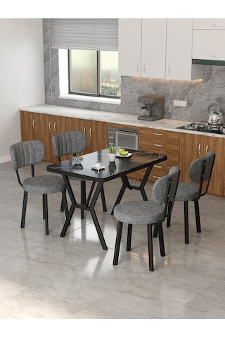 Azra 70x110cm Bendir Mutfak Masası, Mutfak Masası Takımı, Yemek Masası, 4 Koyu Gri Sandalye Koyu Gri
