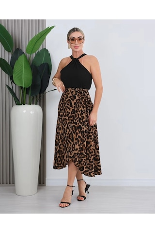 Valensdesign Kadın Önden Bağlamalı Leopar Desenli Süprem Uzun Etek