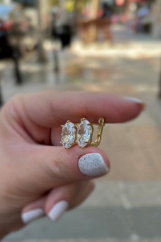 Gümüş Oval 12x8 Mm Taşlı 4,5 Carat Altın Kaplama Tektaş J Küpe Sarı