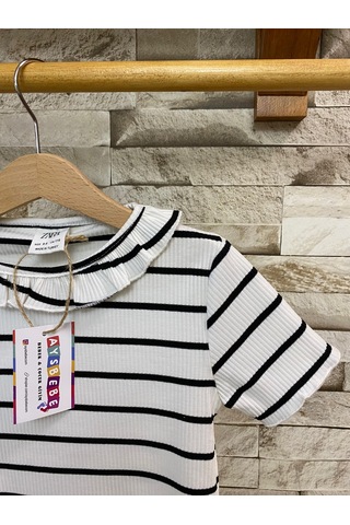 Aysbebe Fırfır Yaka Çizgi Desenli Yazlık Kız Çocuk Tişört Krem 1561