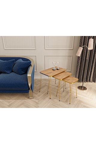 Zigon Sehpa 3'lü Dikdörtgen Gold Tel Ayaklı Ceviz