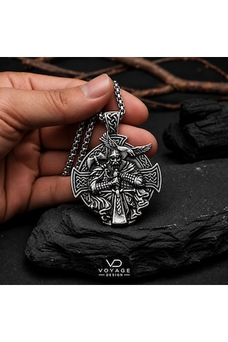 Paslanmaz Çelik Viking Savaşçısı Odin Kuzgun Figürlü Kelt Haçı Viking Erkek Kolye Antik Gümüş