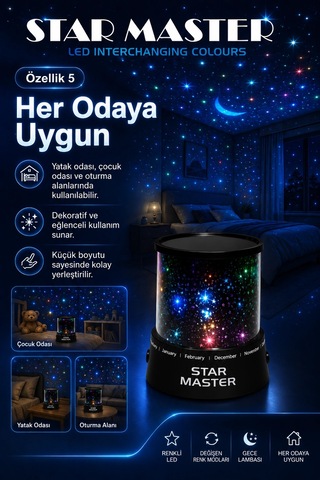 Oda İçin Yıldız Efektli Led Gece Lambası Renkli Işık Yansıtan Dekoratif Projektör Çok Renkli