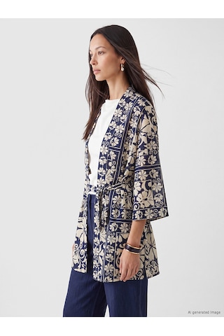 Lcw Everyday Mavi Şal Yaka Desenli Beli Kuşaklı Kadın Kimono