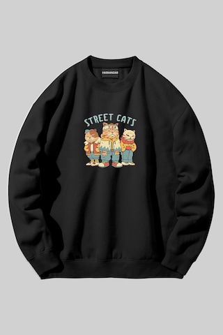 Harmandar Sokak Kedileri Baskılı Unisex Siyah Bisiklet Yaka Sweatshirt Bisikletsokakkedileri