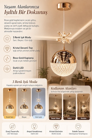 Tekli Desenli Top Rose Gold 3 Renk Modlu Kristal Desen Taşlı Ledli Sarkıt Avize Resimdeki Gibi