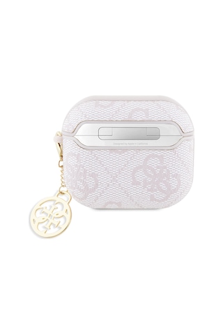 Apple Uyumlu AirPods 3.nesil Kılıf Guess Lisanslı 4g Desenli Metal Script Logolu 4g Charm Pu Deri Pembe