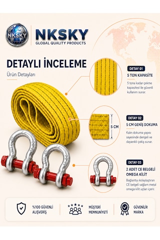 Nksky 5 Ton Araç Çekme Halatı 3 Metre 5 Cm Genişlik CE Belgeli Omega Kilitli Oto Çeki Halatı