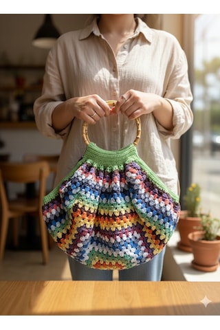 Artepieza 34x36 Çok Renkli Koton İplik Astarlı Bambu Saplı Çanta-koton El Örgüsü Astarlı Çanta-bambu Saplı Çok Renkli Koton El Örgüsü Çanta Granny Square Astarlı Yazlık Çok Renkli