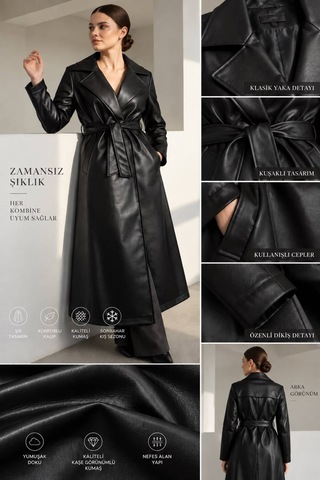 Moda Banuş Siyah Deri Kuşaklı Uzun Trençkot Siyah Siyah