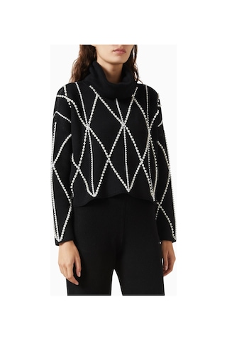 Izaak Azanei Pearl Embellished Turtleneck Sweater, Şık Ve Lüks Kadın Triko Kazak Siyah