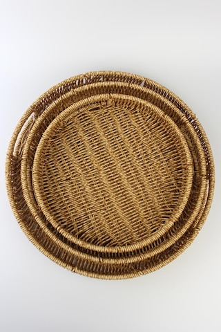 3 Lü Rattan Tepsi Dekoratif Tepsi Hasır Örme Tepsi Yuvarlak Krem