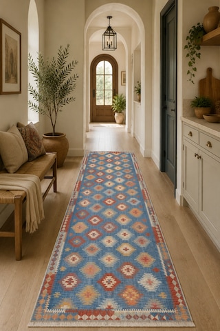 Etnik Kilim Desenli Saçaklı Halı Mavi Kiremit Bohem Dekoratif 3050