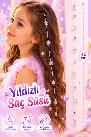 Işıltılı Yıldız Boncuklu Lila Kristalli Çocuk Saç Süsü - 40 Cm. Tel Toka İle Pratik Kullanım Diğer