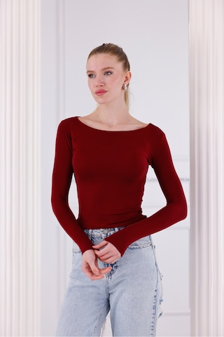 Buzzy Kumaş Uzun Kollu Kayık Yaka Bluz Bordo