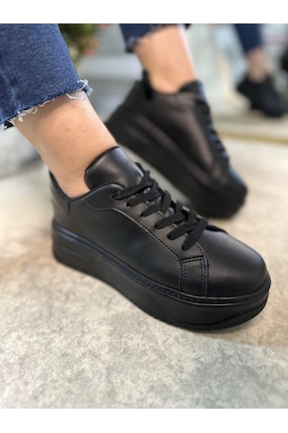 Günlük Kadın Sneaker Bağcıklı Hafif Kalın Yüksek Tabanlı Leopar Detaylı Yürüyüş Spor Ayakkabı 065 Siyah