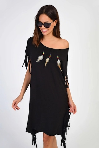 Aqe Fashion Kadın Geniş Yaka Kuş Tüyü Desenli Paça Püsküllü Siyah Elbise Siyah