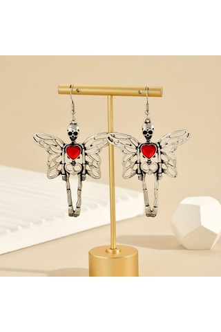 Dükkan Design Red Heart Butterfly Skeleton Küpe Gümüş - Gri