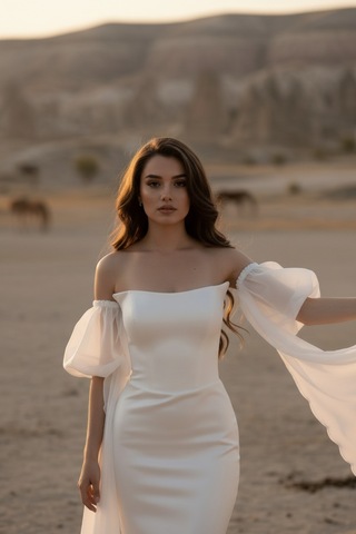 Berissima Bride Balık Nikah Elbisesi, Kırık Beyaz, Balon Portatif Kol, Kayık Yaka, Evden Çıkış Elbisesi, Ophelia Kırık Beyaz Kırık Beyaz