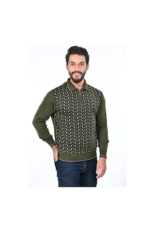 Kamalı Erkek Çelik Örgü Gömlek Yaka Fermuarlı Polo Yakalı Tüylenmez Triko Kışlık Baba Kazak Haki