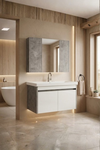 Retro 80 Cm Lavabolu, Aynalı Banyo Dolabı, Retro Gümüş-beyaz, Seramik Lavabo Dahil