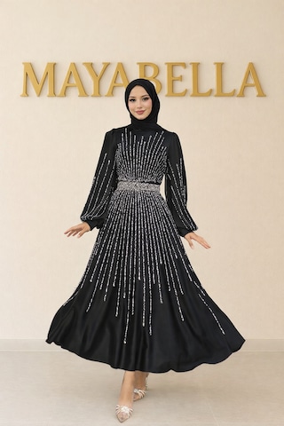 Mayabella İşlemeli Saten Tesettür Abiye Siyah Siyah