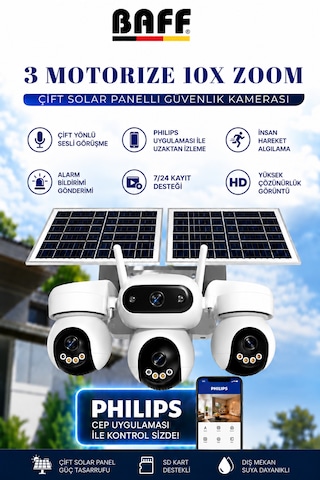 SIM-5874 Çift Solar Panelli 4G SIM Kartlı 3 Lensli PTZ Akıllı Dış Mekan Güvenlik Kamerası HD Suya Dayanıklı IP Kamera + 64 GB Hafıza Kartı Dahil