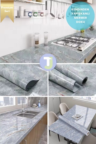 Technojet Kendinden Yapışkanlı Mermer Desen Folyo Mutfak Banyo Tezgah Duvar Kaplama 60cmx100cm Gri