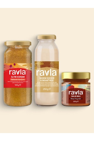 3'lü Ürün - Ravla Badem İçeceği Konsantresi - 250g/ Ravla Salgı Balı Meşe Kaynaklı - 250g / Ravla Altın Karışım 140g