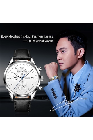 Olevs 2880 Erkekler Çok Fonksiyonlu İş Su Geçirmez Deri Kayış Kuvars Saat Beyaz