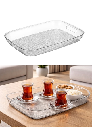 Kırılmaz Şeffaf Tepsi Dikdörtgen Büyük Boy Sunum Tepsisi Modern Servis Tepsisi 44x30cm Şeffaf