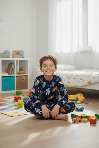 Bunny Hopp Uzay Temalı Erkek Çocuk Pijama Takımı %100 Pamuk Mevsimlik Bisiklet Yaka Manşetli Koyu Lacivert