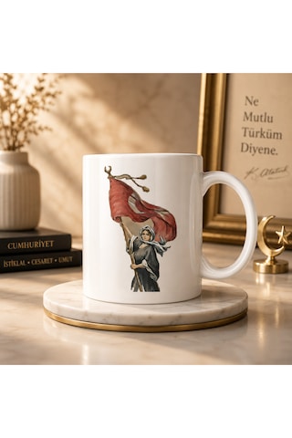 Bayraklı İnsan Cizimli Kupa Beyaz