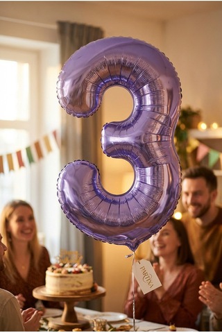 32 İnç Mor Rakam 3 Folyo Balon Çok Renkli