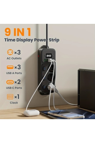 Beyaz 5 Ft 9-in-1 Usb Tischsteckdose, Anahtarlar İle, Type-c, Splitter, Eck-design, 1.5/3 Metre Kablo, Aşırı Gerilim Koruması, Ev Ofisi İçin