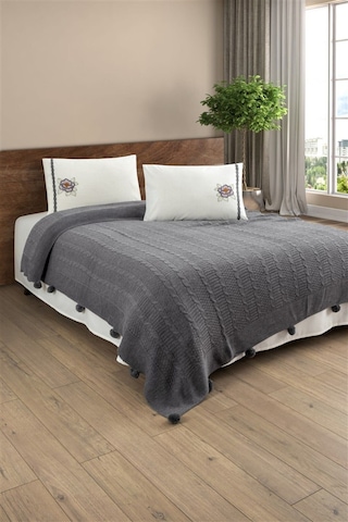 Triko Örme Nakışlı Çift Kişilik Battaniye Takımı Tivoli Rosetta Gri