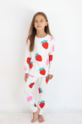 Kız Çocuk Orta Kalınlıkta Basic Baskılı Pijama Takımı Beyaz