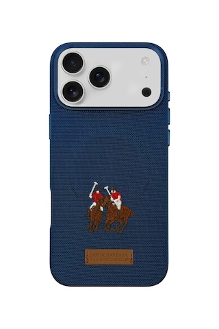 Santa Barbara Polo Racquet Club Apple Uyumlu iPhone 17 Pro İçin Kılıf Yolanda Manyetik Şarja İşlemeli Dokuma Görünümlü Kapak Lacivert