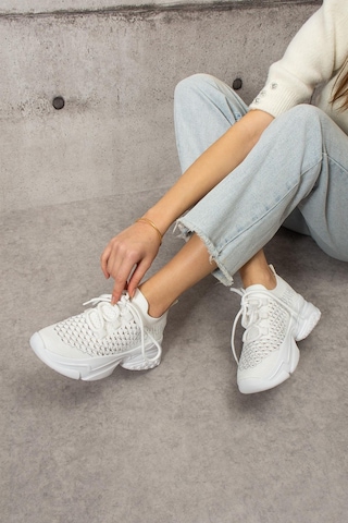 Shoetek Lorda Kadın Sneakers Bağcıklı Triko Dokumalı Spor Ayakkabı Beyaz Beyaz