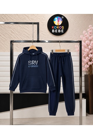Kokoş Bebe Srv Şerit Detaylı Kapüşonlu Erkek Çocuk Takım - 11/15 Yaş - 31902 Lacivert