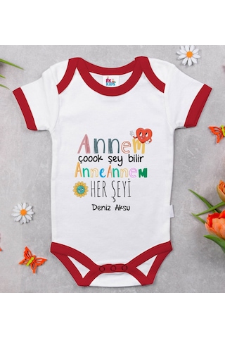 Bk Gift Bk Kids Kişiye Özel Annem Çok Şeyi Bilir Tasarımlı Kırmızı Bebek Body Zıbın-1 Çok Renkli